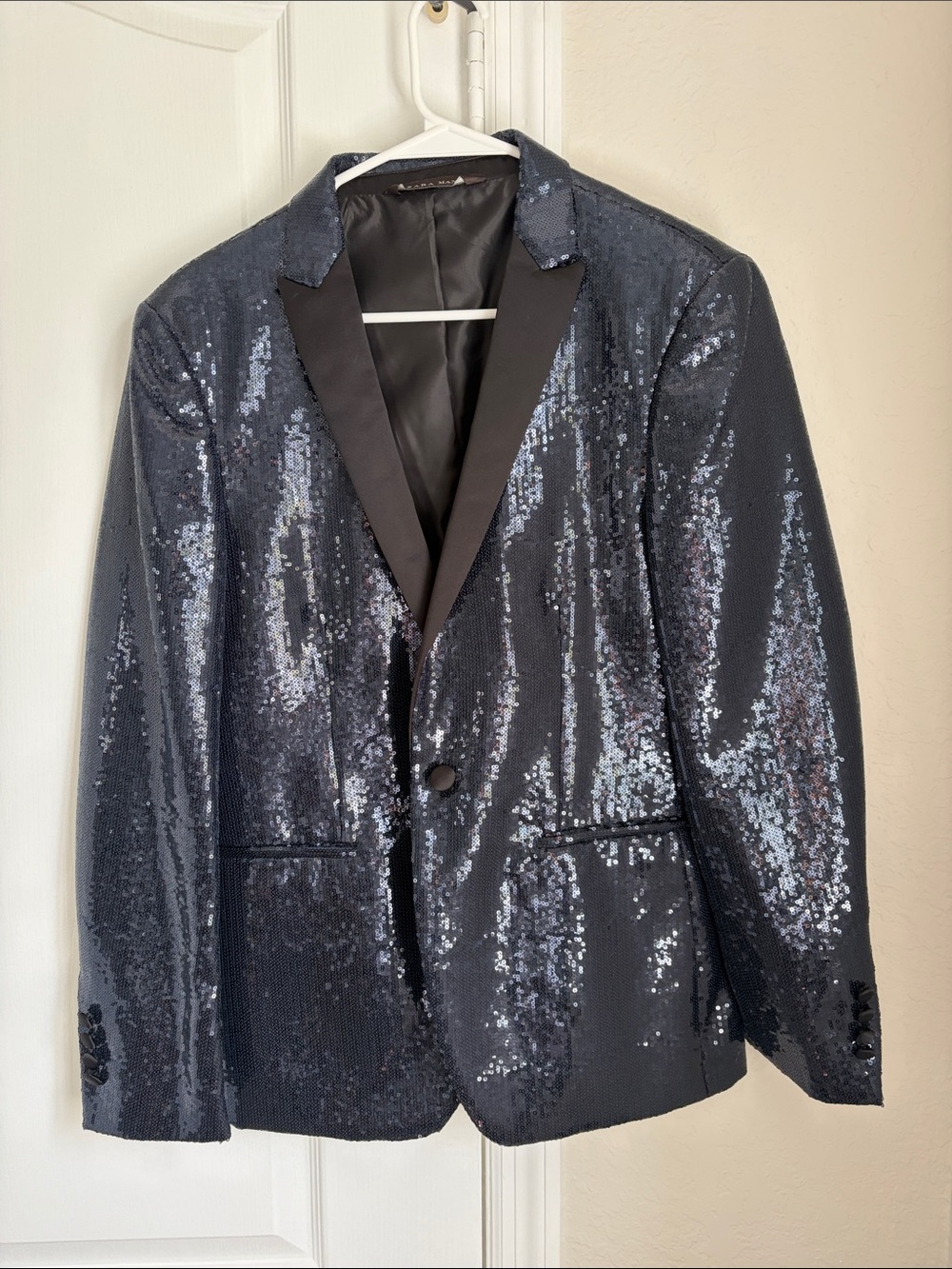 Zara Men's Dark Blue Sequin Blazer with Black Satin Lapel